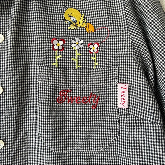 Vintage Tweety Looney Tunes Gingham Button Front Short Sleeve Top Sz Small - Picture 6 of 6